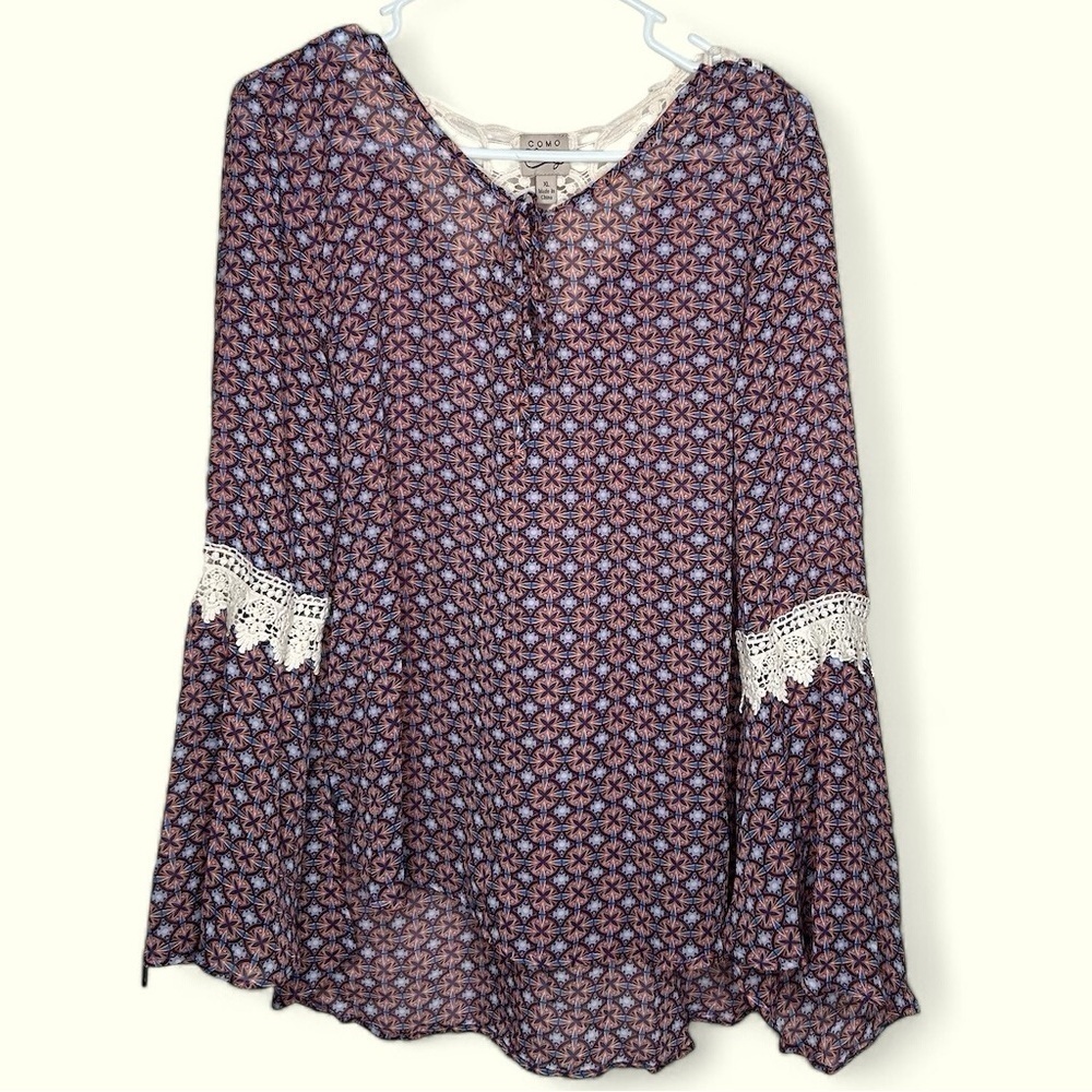 Como Vintage Purple Orange Geometric print Bell sleeve Lace Neck XL